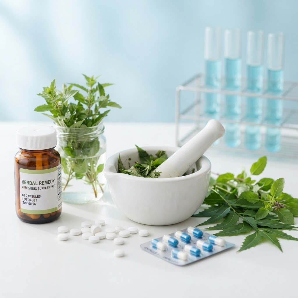 Ayurvedic and pharmaceutical products including a mortar and pestle with herbs, medicine bottles, tablets, and capsules